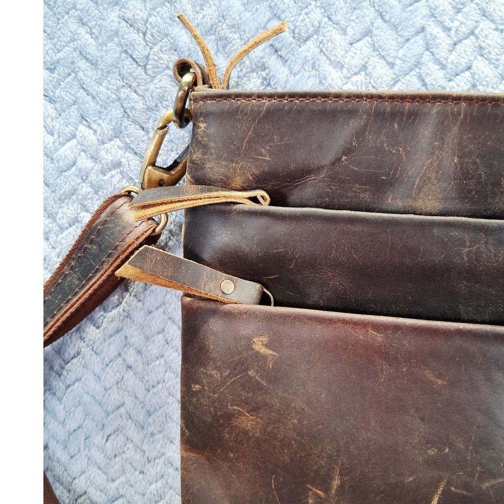 Distressed Brown Leather Crossbody Bag Multi Pocket Messenger Purse Cowgirl Boho - Picture 12 of 12